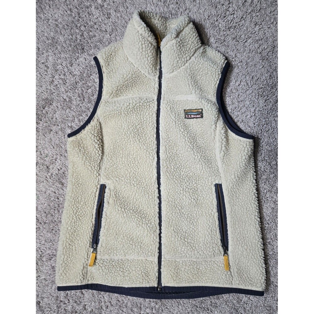L.L.Bean Mountain Pile Sherpa Fleece Vest Ivory Cream Full Zip Medium Regular